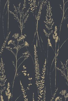 a black and gold wallpaper with plants on it