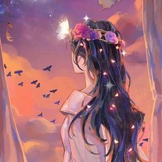 a woman with long hair and a crown on her head looking out at the sky