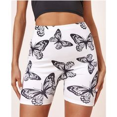 White Biker Shorts With Black Butterfly Print Size 4 Size 12 Athleisure Yoga Pants, White Biker Shorts, Short Biker, Butterfly Black And White, White Spandex, Sports Shorts Women, Hip Style, Short Women, Sequin Shorts