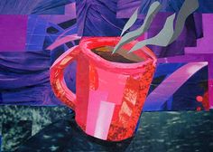 a painting of a coffee cup with spoons sticking out of it, in front of an abstract background