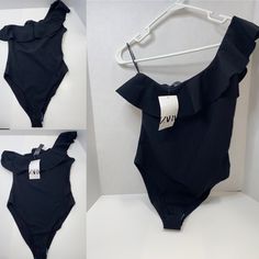 Nwt Zara Asymmetric Black Ruffle Shoulder Bodysuit Size M With Tag New Black Bodysuit With Asymmetrical Neckline For Party, Black Party Bodysuit With Asymmetrical Neckline, Chic Asymmetrical Neckline Swimwear For Spring, Chic Summer Bodysuit With Asymmetrical Neckline, Black One-shoulder Bodysuit For Summer, Chic Zara One-piece Bodysuit, Chic One-piece Bodysuit By Zara, Black One-shoulder Bodysuit For Spring, Asymmetrical Neckline Bodysuit For Summer