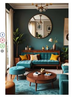 a living room filled with furniture and a round mirror on the wall over a coffee table