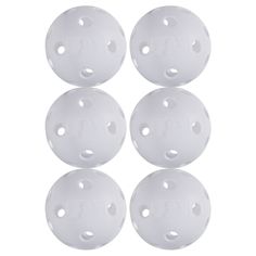 four white plastic balls with holes in the middle