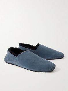 DESIGNED BY MR PORTER. Mr P.'s shearling-lined 'Babouche' slippers are guaranteed to keep your feet snug. Made from smooth suede, they have a squared-toe and gripped rubber soles, so you can step outside to collect the post or a take-away.