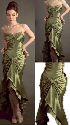 Elegant Dresses With Sweetheart Neckline And Ruched Sides, Asymmetrical Ruched Evening Dress, Elegant Dress With Spaghetti Straps And Ruched Sides, Asymmetric Dress, Green Satin, Sparkling Crystal, Asymmetrical Dress, Fitted Bodice, Sweetheart Neckline