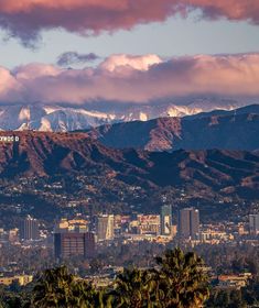 the city is surrounded by mountains and palm trees