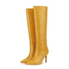 Material: Vegan Leather Closure Method: Slip-on Pattern: Solid Color Heel Style: Stiletto Heel Heel Height: 3.15 inches Color Options: Red, Yellow Boot Name: Fashion Boots Toe Style: Pointed toe Thickness: Regular Fitted Snip Toe Party Boots, Fitted Snip Toe Heeled Boots For Party, Elegant Gold Knee-high Boots With Pointed Toe, Elegant Pointed Toe Gold Knee-high Boots, Elegant Gold Knee-high Boots For Party, Chic Gold Fitted Knee-high Boots, Chic Fitted Gold Knee-high Boots, Fitted Boots With Reinforced Heel For Cocktail, Fitted Almond Toe Party Boots