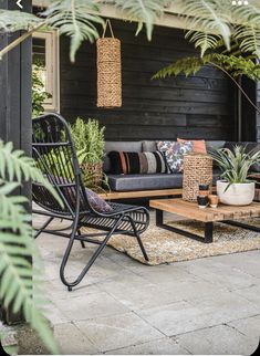 an outdoor living area with furniture and plants