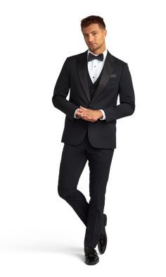 A premium classic black tuxedo with one button and a peak lapel in a performance stretch fabric. All Black Tux, All Black Tuxedo, Classic Black Tuxedo, Purple And Gold Wedding, Tuxedo Coat, Classic Tuxedo, Black Tux, Tuxedo Pants, Black Bow Tie