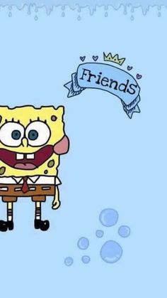 spongebob is standing in front of a blue background with the words friends on it