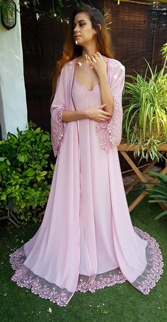 Elegant Pink Bridesmaid Robe, Elegant Pink Evening Sleepwear, Feminine Pink Sleepwear For Wedding, Pink Feminine Sleepwear For Wedding, Elegant Pink Sleepwear For Wedding Night, Elegant Pink Nightgown For Evening, Elegant Pink Evening Nightgown, Wedding Sheer Pink Nightgown, Feminine Pink Sleepwear For Evening