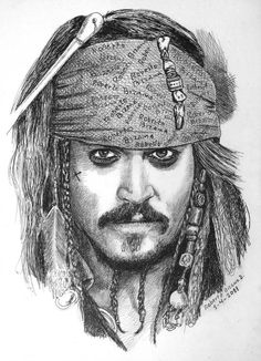 a pencil drawing of johnny depple from the movie pirates, with his name on it