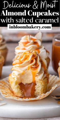 a cupcake with caramel icing and whipped cream on top is sitting on a plate