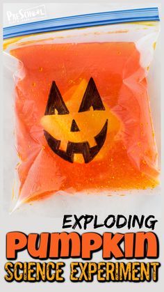 an orange bag filled with pumpkins and the words exploding pumpkin science experiment on it