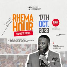 a man holding a microphone in front of a crowd with the words rhema hour on it