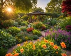 the sun shines brightly through the trees and bushes in this garden filled with flowers