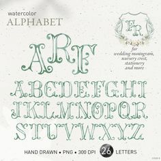 the font and numbers are hand drawn in watercolor on white paper with green ink