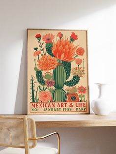 a cactus and flowers poster on a wall above a desk