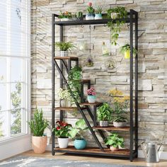 a shelf with plants and potted plants on it in front of a brick wall