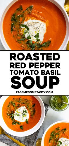 two bowls of roasted red pepper tomato soup with basil and sour cream in the middle