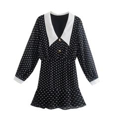 LEASROSE· Above Knee Patchwork Long Sleeve Lapel A-Line Women's Dress Mini Dresses Casual, Ruffled Dresses, Vintage Polka Dot Dress, Long Sleeve Ruffle Dress, Sheer Mini Dress, Transparent Dress, Black Polka Dot Dress, Printed Casual Dresses, Chiffon Mini Dress