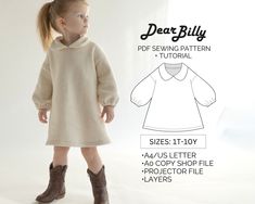 "This is a girls sweatshirt dress with Peter Pan collar and sleeves / A-line dress PDF Sewing Pattern (instant download) with Instructions. \"Bonjour\" dress pattern by DearBillyPatterns. This is a PDF Sewing Pattern (instant download) in sizes 1T-2T-3T-4T-5Y-6Y-7Y-8Y-9Y-10Y All sizes are included in your purchase. This is an intermediate skill level sewing pattern that requires prior sewing experience. If you have any questions while sewing-feel free to email us, we'll be more than happy to wal Baby Christmas Dress Pattern, Free Kids Sewing Patterns, Free Baby Clothes Patterns Sewing, Kids Sewing Patterns, Free Sewing Patterns For Kids, Kids Sewing Projects, Free Toddler Sewing Patterns, Fleece Sewing Patterns, Tiered Dress Pattern