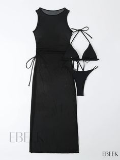 Ebeek - Versatile Black Stretchy 2-Piece Swimwear Set: Halter Triangle V String Bikini & Sleeveless Tie Side Cover Up Dress - Womens Swimwear and Clothing Collection Summer Sleeveless Beach Sets, Sleeveless Summer Beach Sets, Sleeveless Summer Sets For Vacation, Summer Sleeveless Sets For Vacation, Stretch Sleeveless Set For Poolside, Sleeveless Sets For Poolside And Beach Season, Beachwear Swimming Set Sleeveless, Sleeveless Beachwear Set For Swimming, Sleeveless Summer Sets For Beach Party