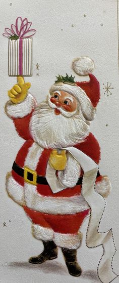 a painting of a santa clause holding a present