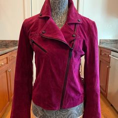 Fushia Purplish Pink Color. Euc. Never Worn. No Returns. Size Medium. Chic Purple Fall Outerwear, Fitted Purple Leather Jacket For Fall, Purple Long Sleeve Biker Jacket For Winter, Spring Burgundy Biker Jacket, Trendy Purple Outerwear, Fitted Purple Outerwear For Fall, Purple Long Sleeve Leather Jacket For Spring, Suede Biker Jacket, Suede Biker