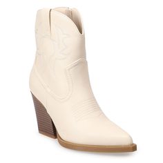 These Tapanga short western women's boot from SO are sure to quickly become your new favorite pair.Click this FOOTWEAR GUIDE to find the perfect fit and more! These Tapanga short western women's boot from SO are sure to quickly become your new favorite pair. Click this FOOTWEAR GUIDE to find the perfect fit and more! FEATURES Western boot styling Low shaftDETAILS PU synthetic Jersey fabric lining TPR outsole Pointed toe Zipper closure Foam footbed 3.15-in. heel 4.33-in. boot shaft height 10.94-i White Boots For Western-themed Events, Cream Boots For Western-themed Spring Events, Cream Boots For Spring Western-themed Events, Western Cream Boots For Ranch, Western Cream Ankle Boots, Western Style Cream Ankle Boots, Western Style Beige Heeled Boots, Western Cream Snip Toe Heeled Boots, Western Cream Heeled Boots With Snip Toe