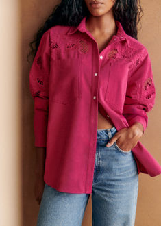 Introducing the Sézane Nina Shirt in fuchsia, an oversized twill shirt that effortlessly combines comfort and style. This shirt features a classic shirt collar, openwork embroidery on the chest and sleeves, and patch pockets on the chest. With buttons down the front, it’s perfect for layering or wearing on its own. Ideal for adding a vibrant touch to your summer wardrobe, pair it with jeans or shorts for a chic, casual look. Check out our latest arrivals at sezane.com. Openwork Embroidery, Twill Shirt, Chic Casual, Parisian Style, Classic Shirt, Summer Wardrobe, Casual Looks, Layering