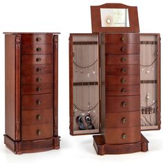 an open wooden jewelry box with shoes in it's drawer and mirror on top