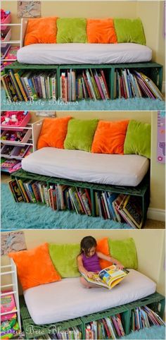 Book Loft, Bookshelf Bench, Cozy Area, Old Cribs, Reading Nook Kids, Reading Spot, Milk Crate, Carpentry Skills