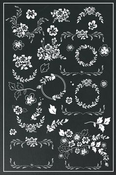 a black background with white flowers and leaves on the bottom right corner is an ornate frame