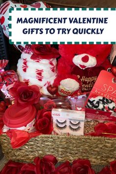 valentine's day gift basket with red roses, teddy bear and other items in it