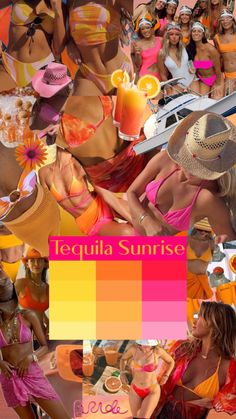 a collage of bikinis and people in the background with text that reads tequila sunrise