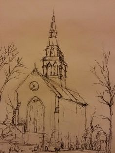 a drawing of a church with trees in the foreground