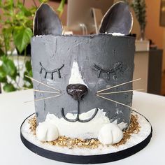 a cake made to look like a cat's face with ears and eyes on it