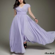 Olivia Mark - Womens V-Neck Short Sleeve Chiffon Waist-Cinching Evening Dress Wedding Dress Ankle Length, Blue And White Wedding Dress, Dress Ankle Length, Blue And White Wedding, Plain Maxi Dress, White Wedding Dress, Mob Dresses, Bohemian Maxi Dress, Short Sleeve Maxi Dresses