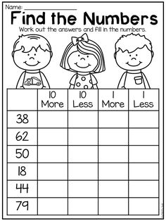 a worksheet with numbers to find the missing number for each child's name