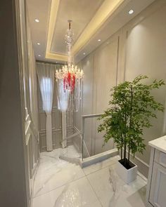 a hallway with a chandelier and a potted plant