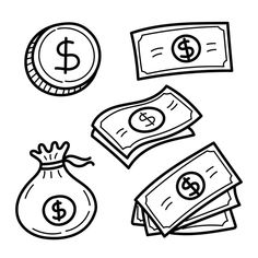 money and coins drawn by hand on a white background