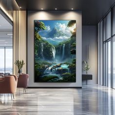 a large painting hanging on the wall above a dining room table