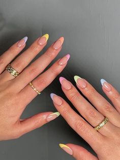 Add a Touch of Modern Elegant With 24pcs Short Oval French Style Pastel Rainbow Color Daily Simple Nordic Full Cover Fake Nail Kit For Women And Girls | SHEIN USA Unghie Sfumate, Kutek Disney, Colourful Nails, Girly Acrylic, Summery Nails, Purple Nail, Casual Nails, Cute Summer Nails, Almond Nail