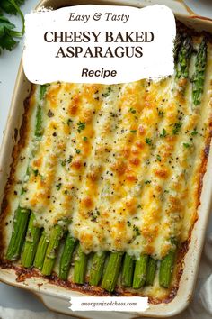 cheesy baked asparagus recipe in a casserole dish