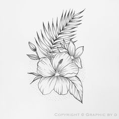 a black and white drawing of a flower with leaves on the bottom right hand corner