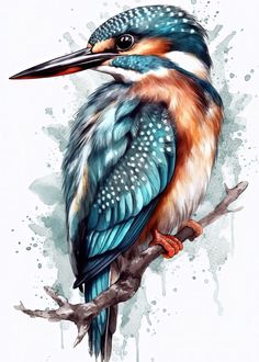 a colorful bird sitting on top of a tree branch next to watercolor paint splotches