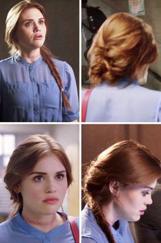 four different pictures of the same woman with braids on her head and in blue shirt