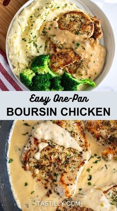 two pictures of chicken with gravy and broccoli in a white sauce