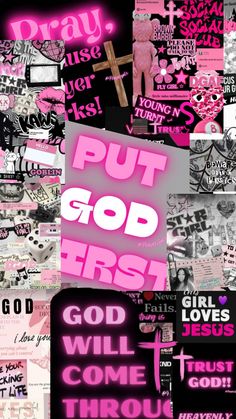 pink and black collage with the words put god first, god will come through